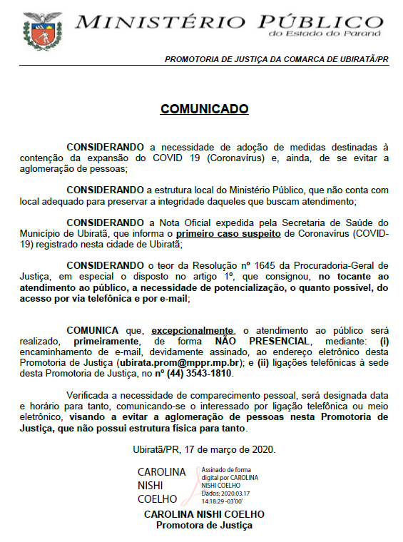 COVID-19 (Coronavírus): Comunicado da Promotaria de Justiça da Comarca de Ubiratã