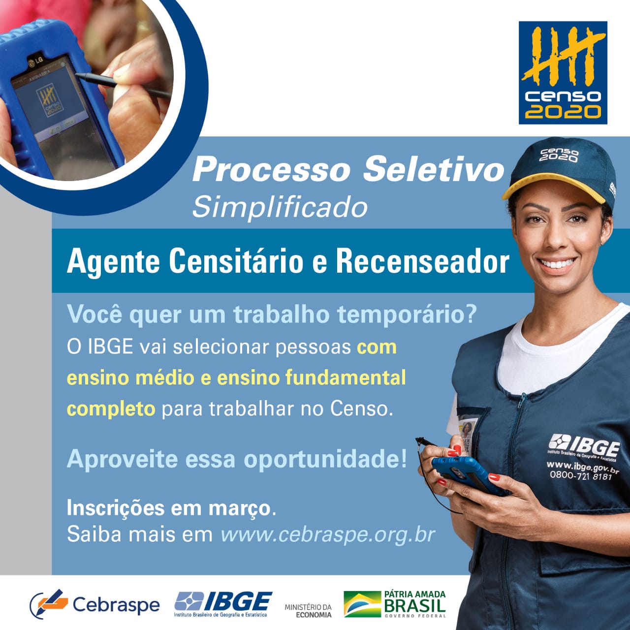 IBGE abre 12 mil vagas temporárias para o Censo no Paraná; Em Ubiratã serão 20 vagas para recenseador e 4 para ACM/ACS