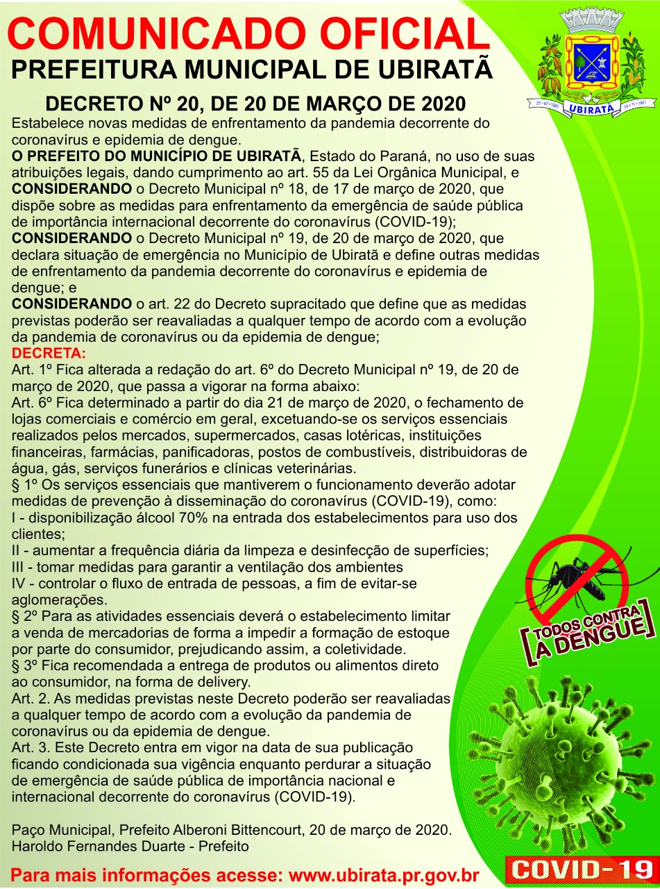 Declarado situação de emergência no Município de Ubiratã e fechamento do comércio devido à pandemia do coronavírus e epidemia de dengue