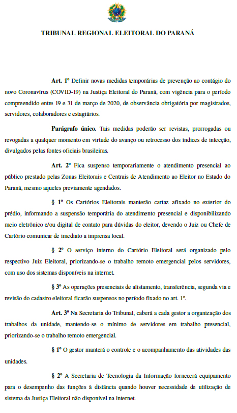 Forúm Eleitoral de Ubiratã divulga Portaria sobre medidas preventivas do COVID-19 (Coronavírus)