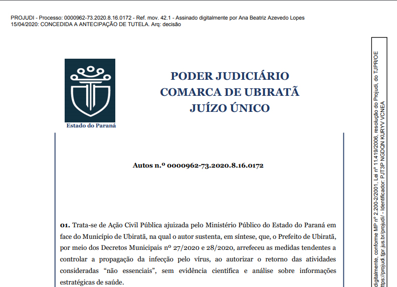 UBIRATÃ: Justiça determina suspensão de decretos municipais e fechamento de todos os estabelecimentos não essenciais