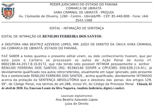 EDITAIS DE INTIMAÇÃO E SENTENÇA– VARA CRIMINAL DE UBIRATÃ – 07/04/2020