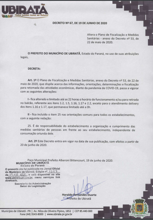 Prefeitura atualiza decretos de enfrentamento a pandemia de Coronavírus em Ubiratã
