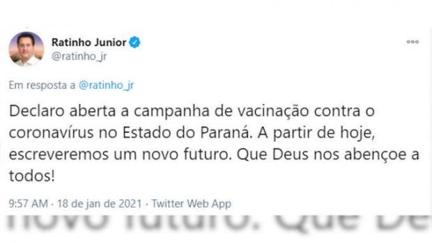 Ratinho Junior declara aberta campanha de vacinação contra COVID no Paraná