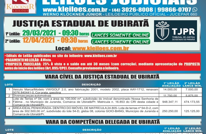 Leilão Judicial em Ubiratã no próximo dia 29