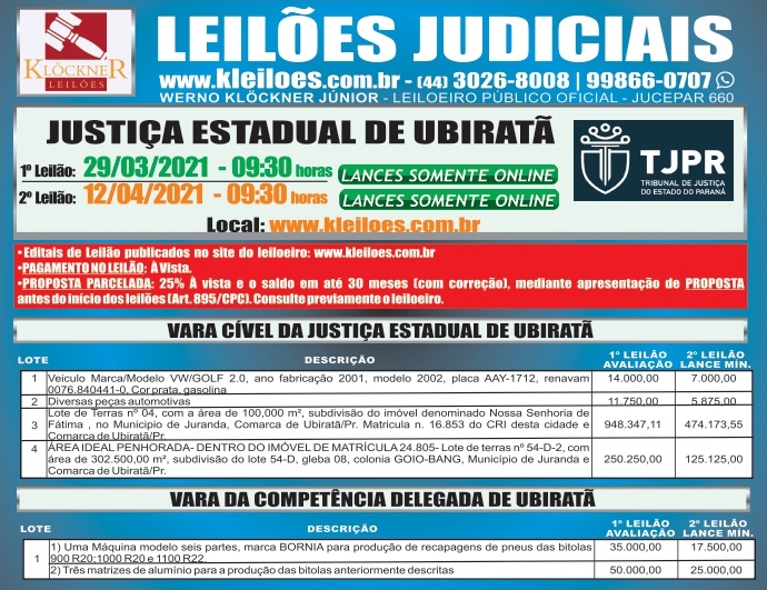 Leilão Judicial em Ubiratã no próximo dia 29