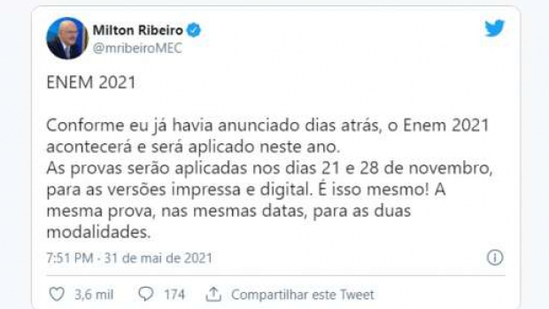 Enem 2021 está marcado para 21 e 28 de novembro