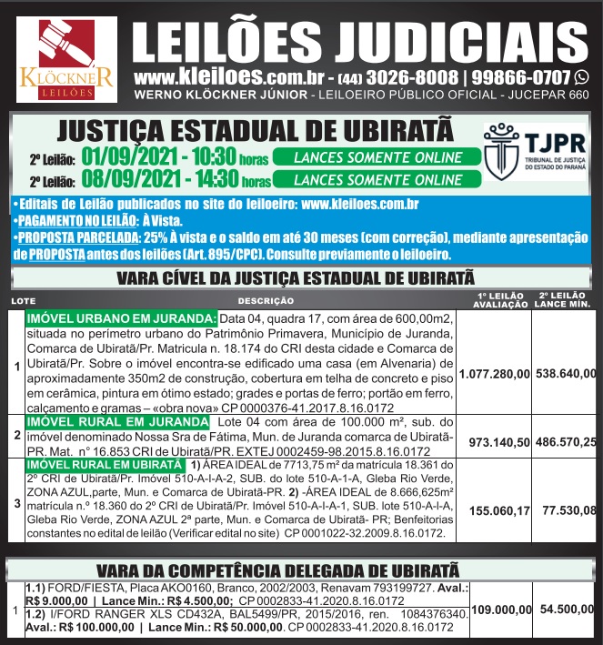 Leilão Judicial em Ubiratã no dia 01 de setembro