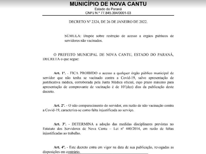Decreto proíbe servidores não vacinados de acessar órgãos públicos em Nova Cantu