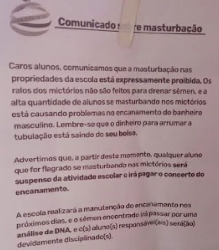 Alunos falsificam comunicado com timbre de colégio pedindo para que alunos não se ‘masturbem’ no banheiro