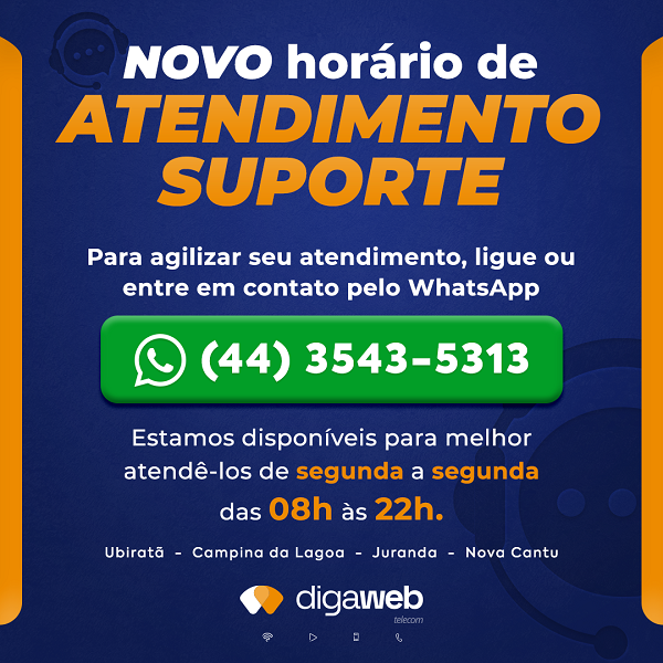 Digaweb: Novo horário de atendimento suporte