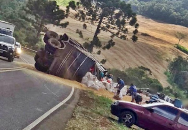 Carreta carregada com soja tomba na rodovia PR 462 e parte de carga é saqueada