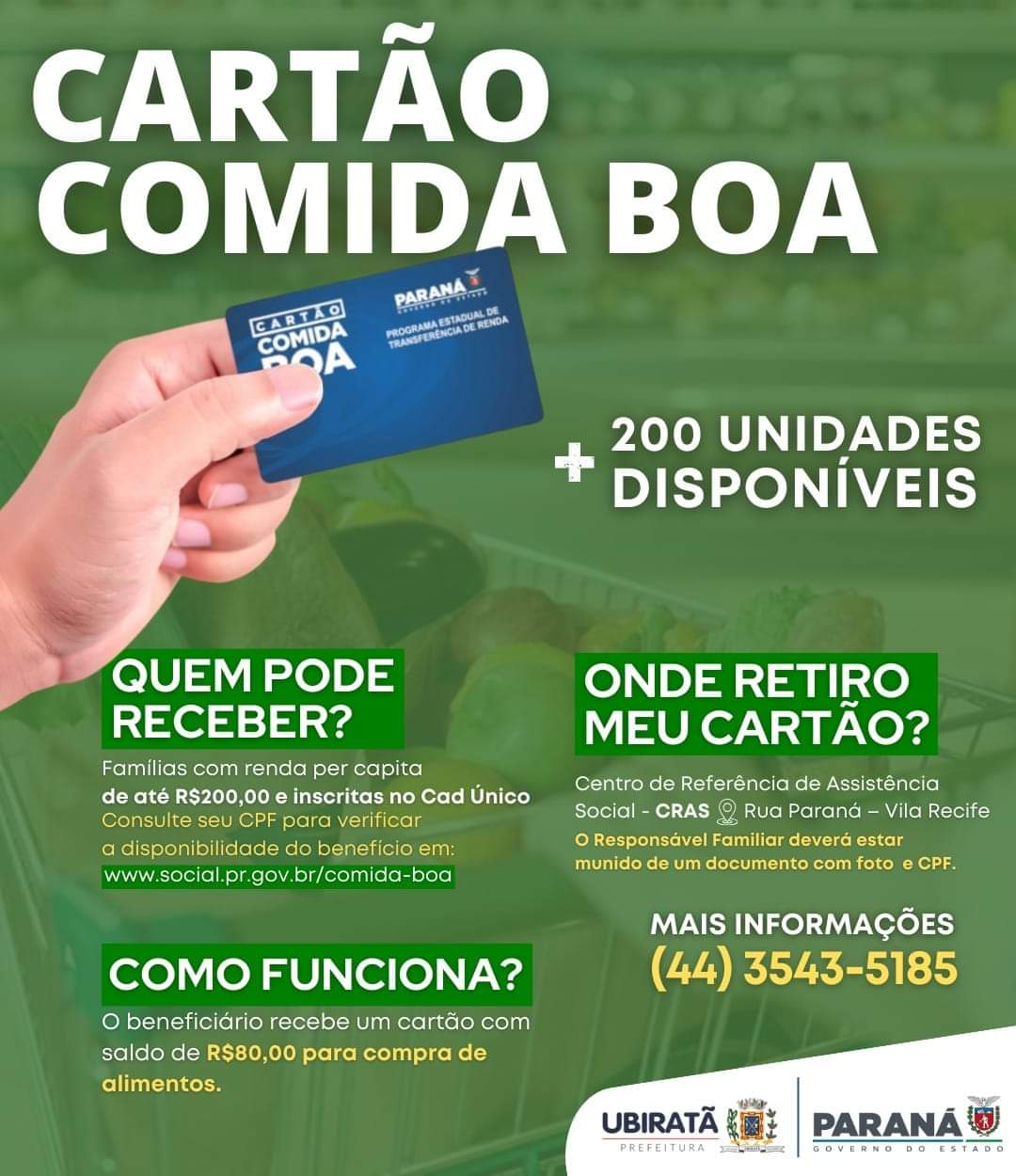 Ubiratã recebe novo lote de cartões COMIDA BOA