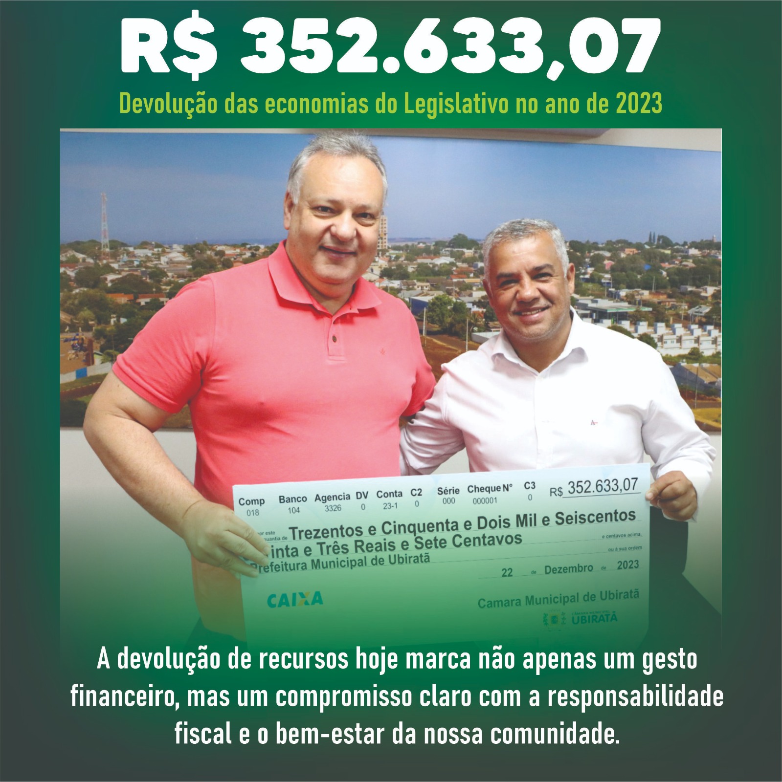 R$ 352.633,07 DEVOLVIDOS AO EXECUTIVO: Vereadores de Ubiratã reforçam compromisso com a gestão responsável de recursos públicos