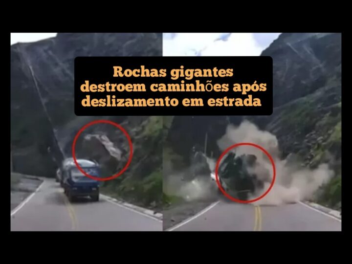Rochas gigantes destroem caminhões após deslizamento em estrada no Peru