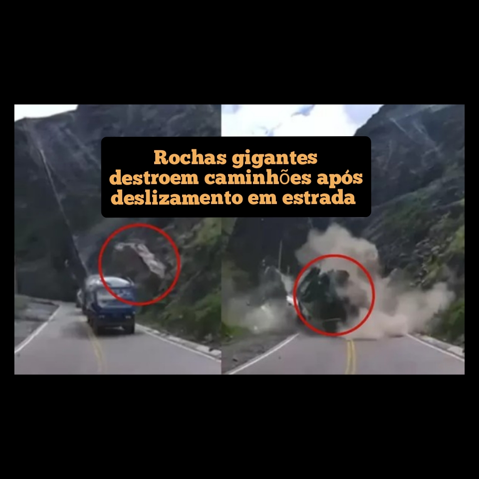 Rochas gigantes destroem caminhões após deslizamento em estrada no Peru