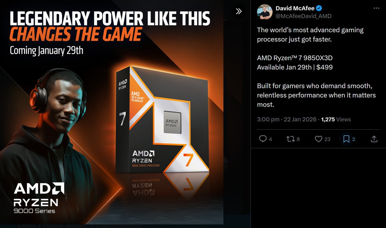 AMD Officially Confirms Ryzen 7 9850X3D MSRP: $499 – Launching on January 29