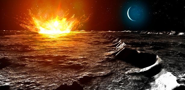 Representação artística de impacto na Lua; efeito na Terra seria um clarão e supertempestades de meteoros