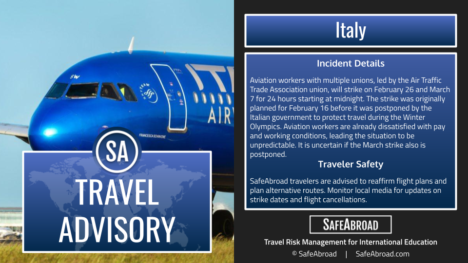 Aviation workers are planning to strike in Italy on February 26 and March 7.