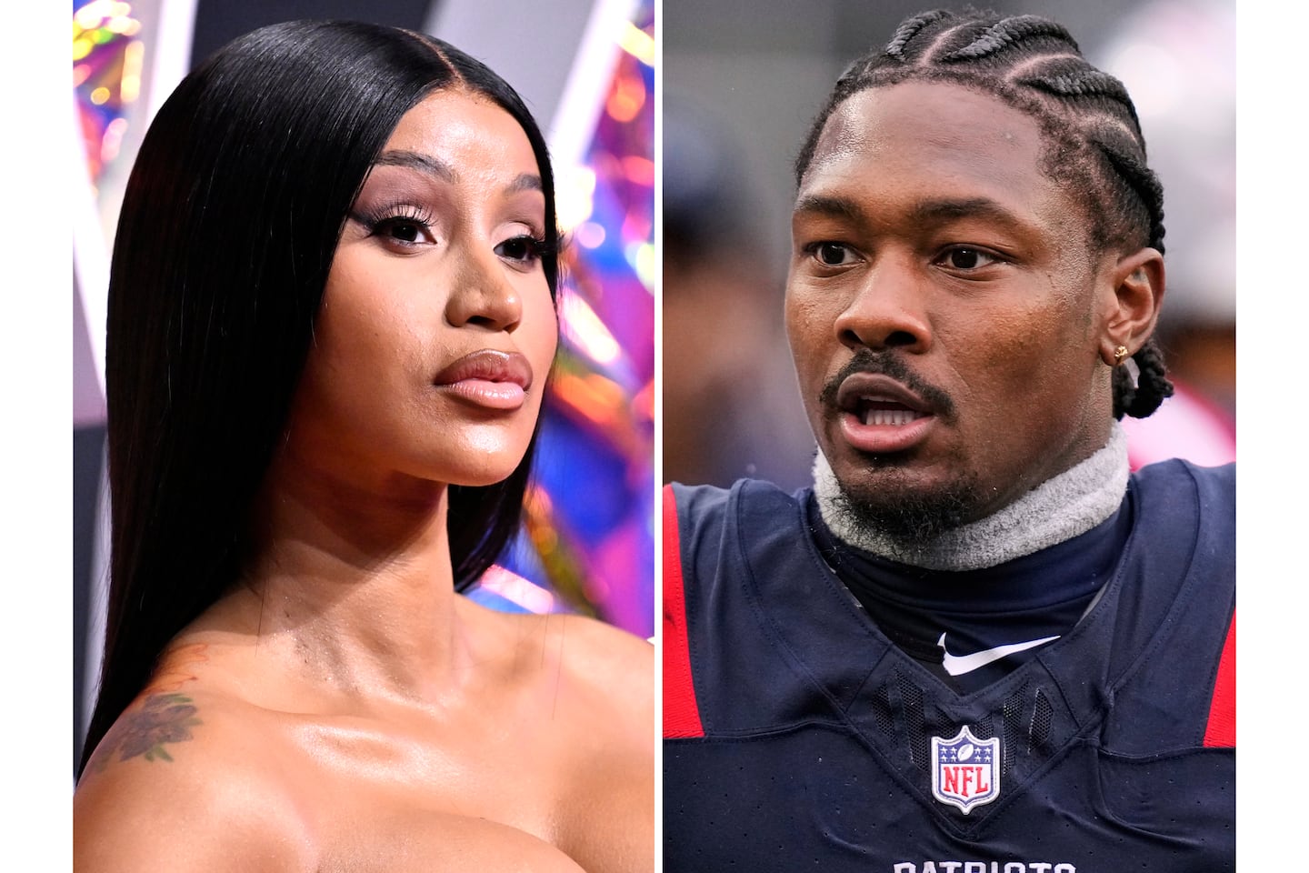 Cardi B appears at the MTV Video Music Awards in Newark, N.J. on Sept. 12, 2023, left, and New England Patriots wide receiver Stefon Diggs appears at an NFL football game in Foxborough on Sept. 7, 2025.
