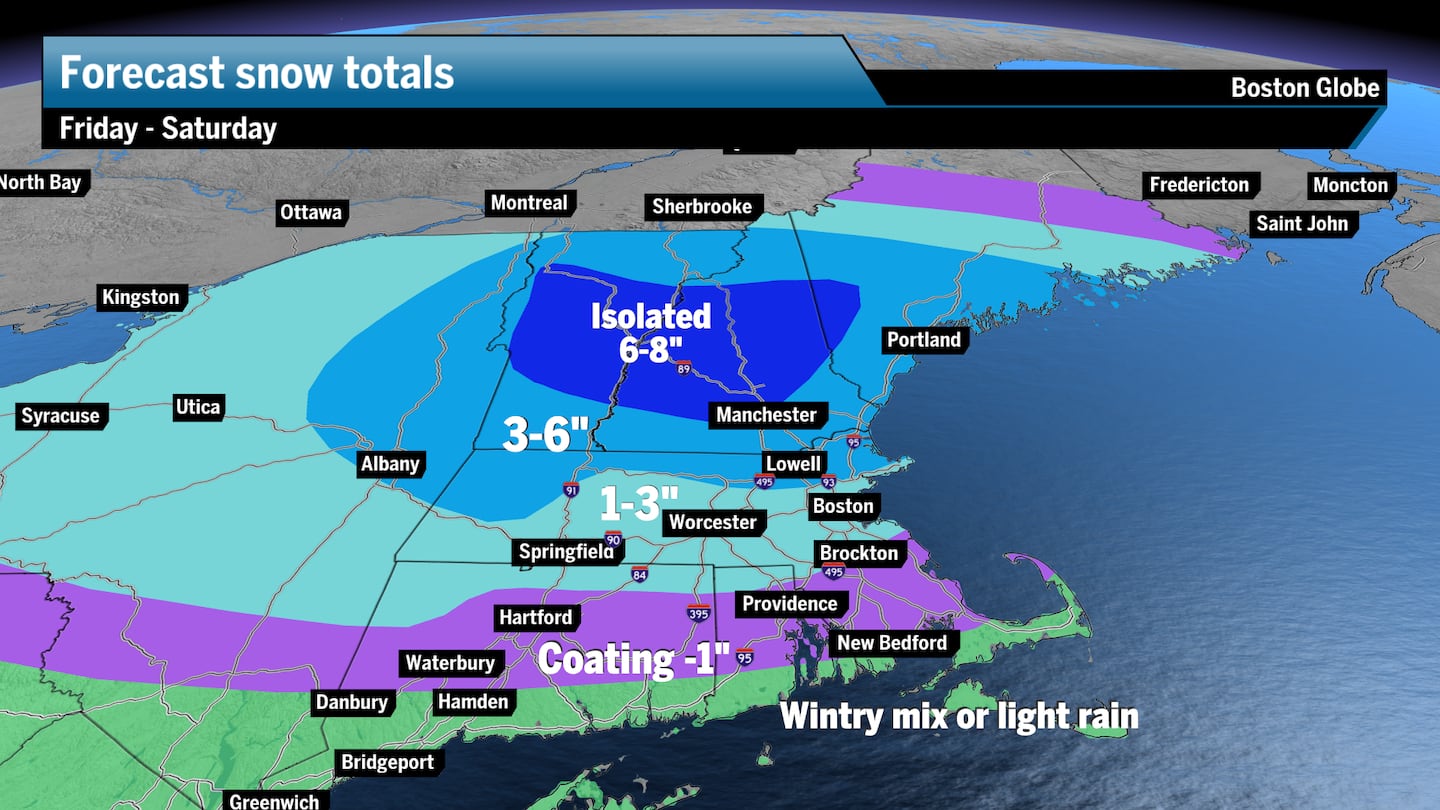 Forecast snow totals from Friday through Saturday morning.