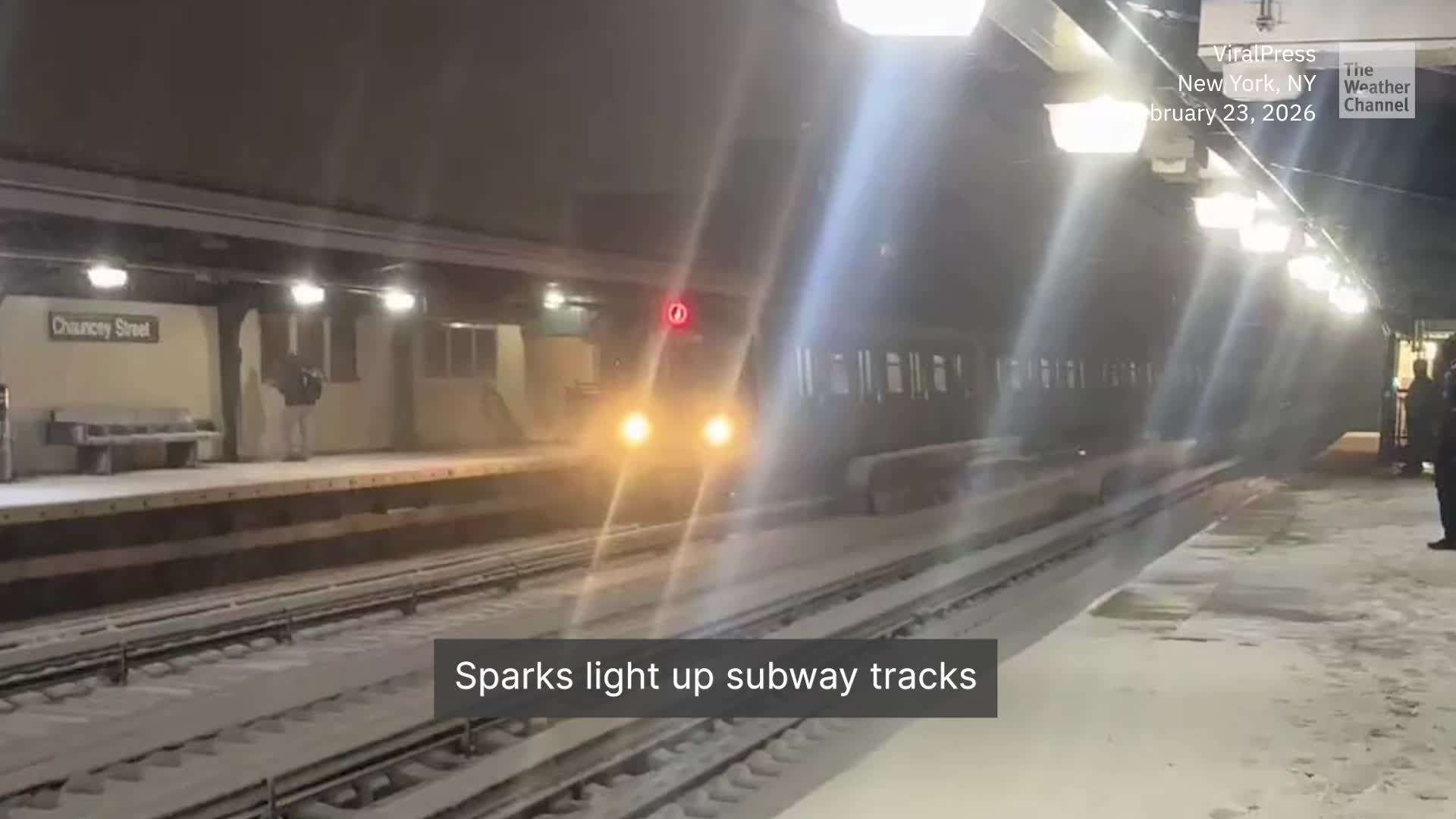 Subway Sparks Fly During New York Snowstorm
