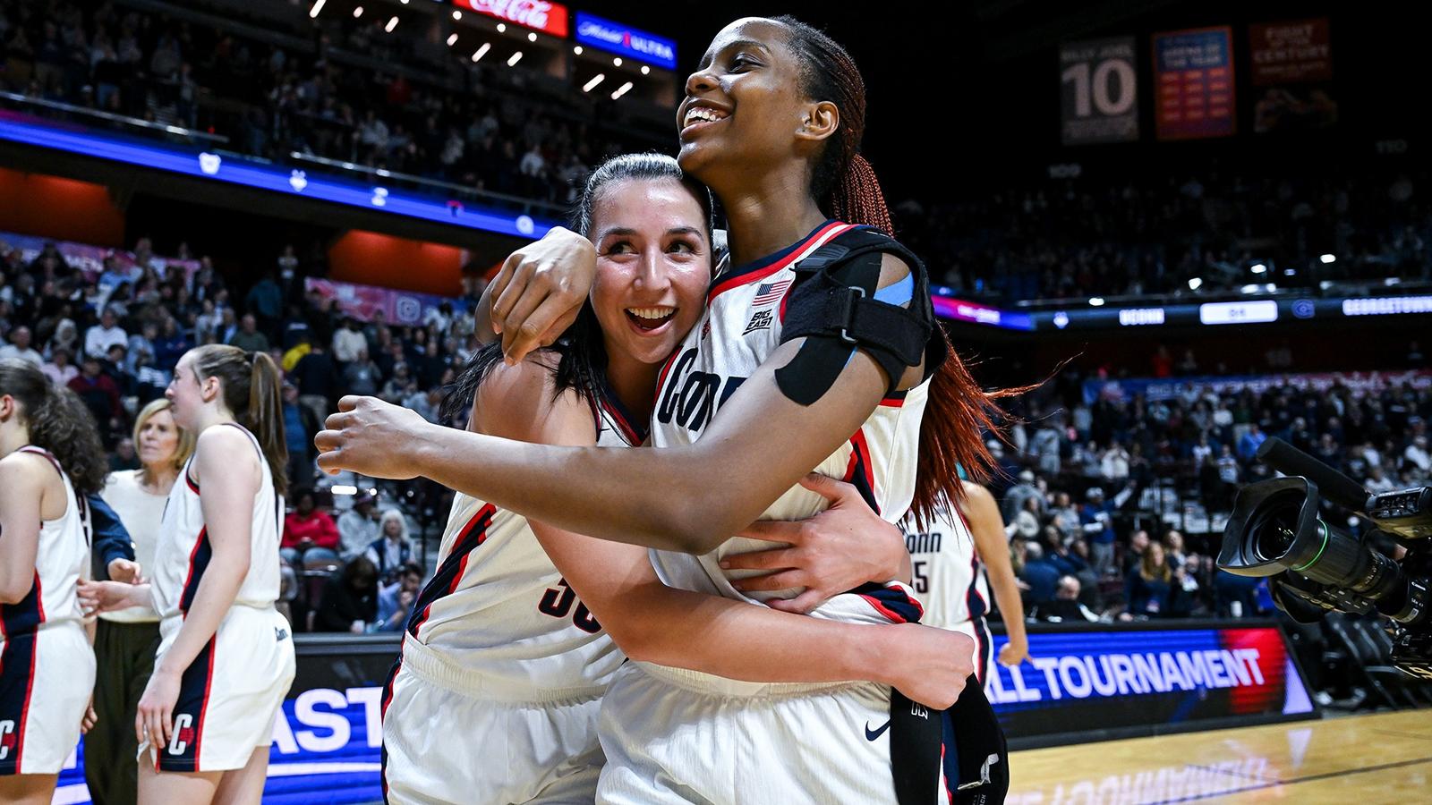 WASHINGTON, D.C. - January 22 - Azzi Fudd #35 of the UConn Huskies, Sarah Strong #21 of the UConn Huskies in the game against the Georgetown Hoyas at CareFirst Arena in Washington, D.C. Photo by Simon Asher