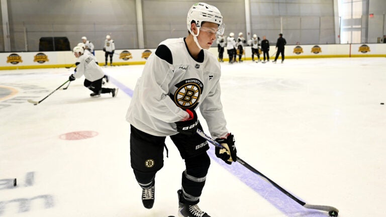 James Hagens, the Bruins’ 7th overall draft pick, does a drill during the first day of Bruins Development Camp at Warrior Arena in Brighton on Monday, June 30, 2025.