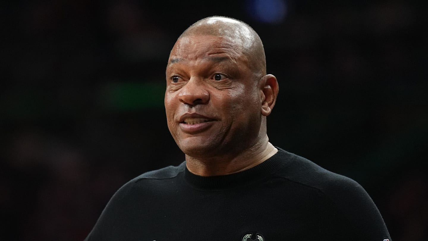 Milwaukee Bucks head coach Doc Rivers reacts against the Philadelphia 76ers in the third quarter at Xfinity Mobile Arena on April 12, 2026.