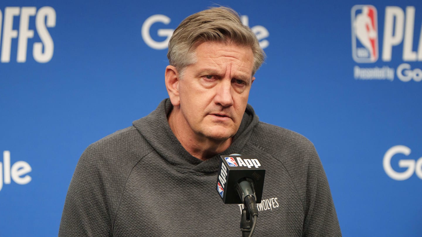 Apr 25, 2026; Minneapolis, Minnesota, USA; Minnesota Timberwolves head coach Chris Finch talks with the press before the 2026 NBA Playoffs first round game against the Denver Nuggets at Target Center. Mandatory Credit: Matt Blewett-Imagn Images