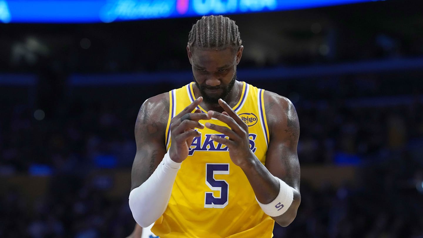 Oct 24, 2025; Los Angeles, California, USA; Los Angeles Lakers center Deandre Ayton (5) reacts in the first half against the Minnesota Timberwolves at Crypto.com Arena. Mandatory Credit: Kirby Lee-Imagn Images