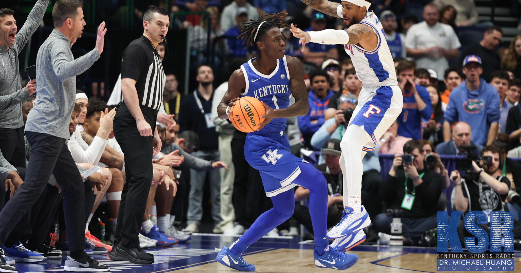 Dec 21, 2025; Gainesville, Florida, USA; Colgate Raiders guard Jalen Cox (3) dribbles the ball against the Florida Gators during the first half at Exactech Arena at the Stephen C. O'Connell Center. Mandatory Credit: Matt Pendleton-Imagn Images