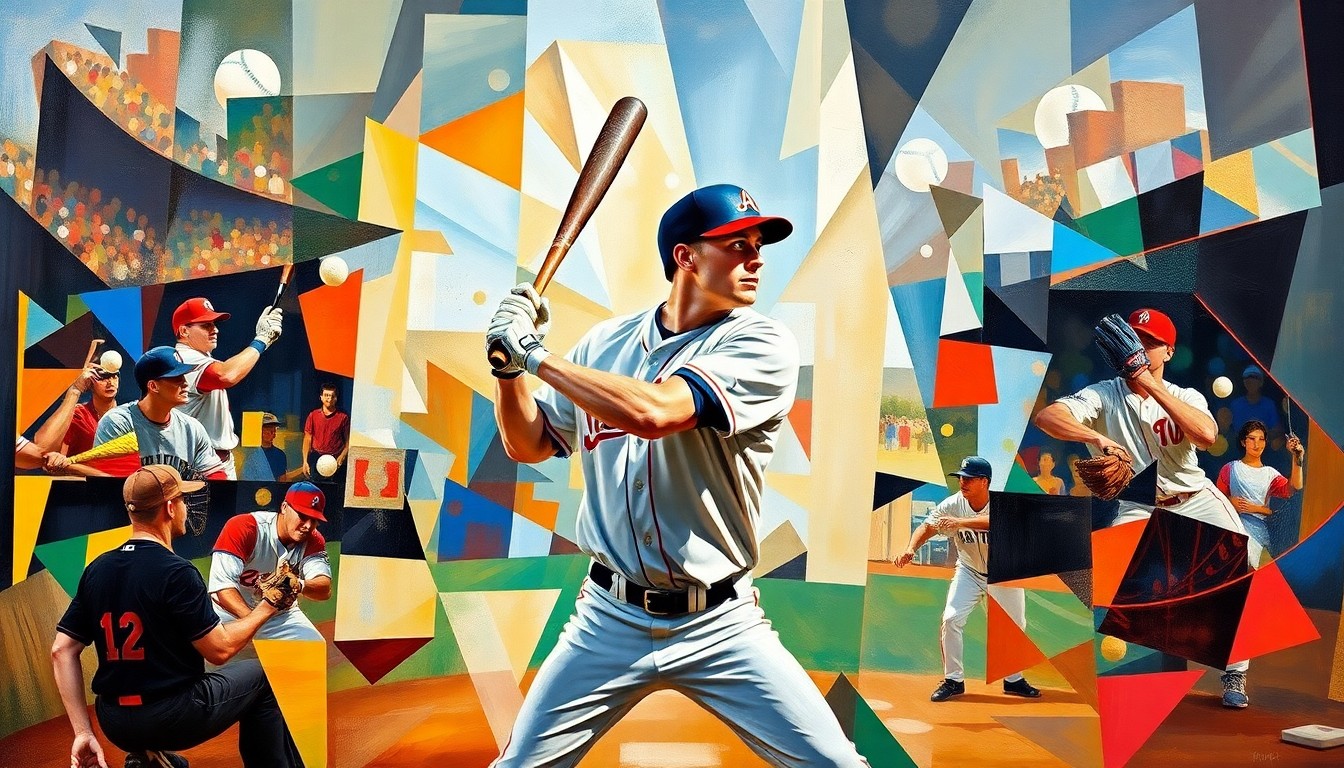 A fragmented, geometric painting depicting a baseball player in motion, with the background broken down into abstract shapes and planes of color, capturing the raw athleticism and competitive spirit of the game.