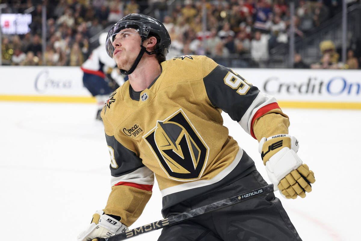 Vegas Golden Knights right wing Mitch Marner (93) reacts after shot is stopped against the Wash ...