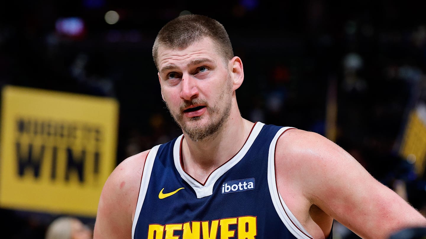 Mar 18, 2026; Memphis, Tennessee, USA; Denver Nuggets center Nikola Jokic (15) reacts during the second quarter against the Memphis Grizzlies at FedExForum. Mandatory Credit: Petre Thomas-Imagn Images