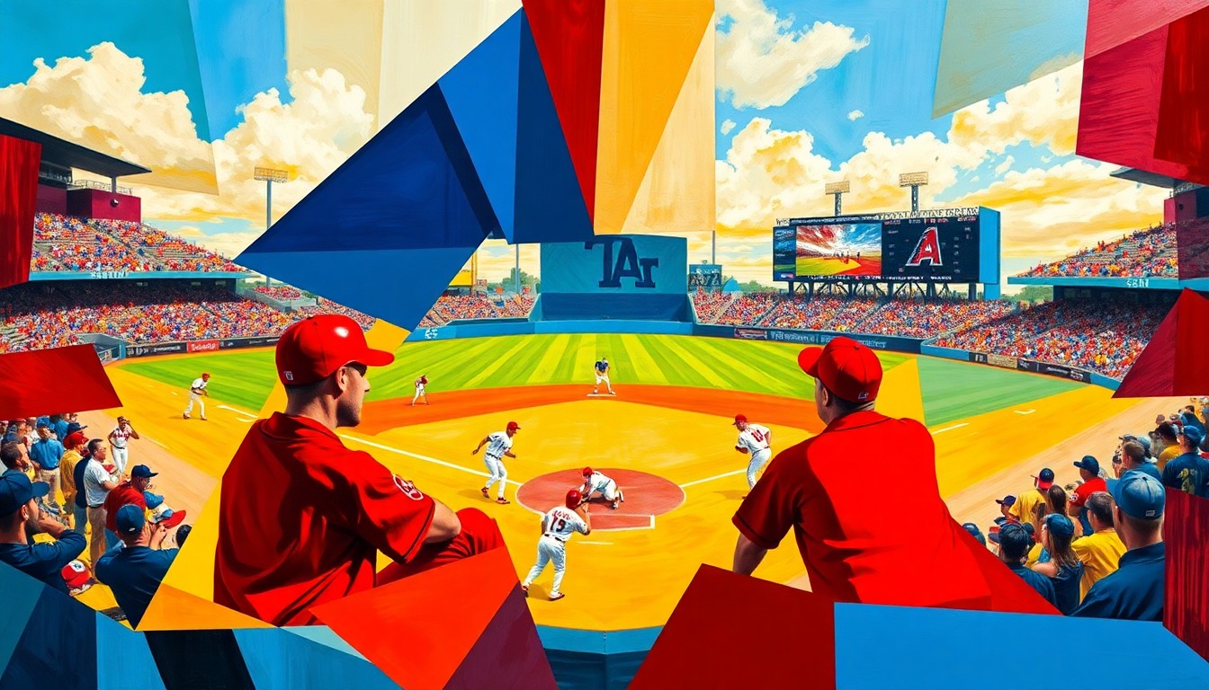 A fragmented, geometric painting depicting a baseball game in progress, with the players and field broken down into sharp, overlapping shapes and planes in a vibrant color palette, capturing the strategic tension of the matchup between the Phillies and Diamondbacks.
