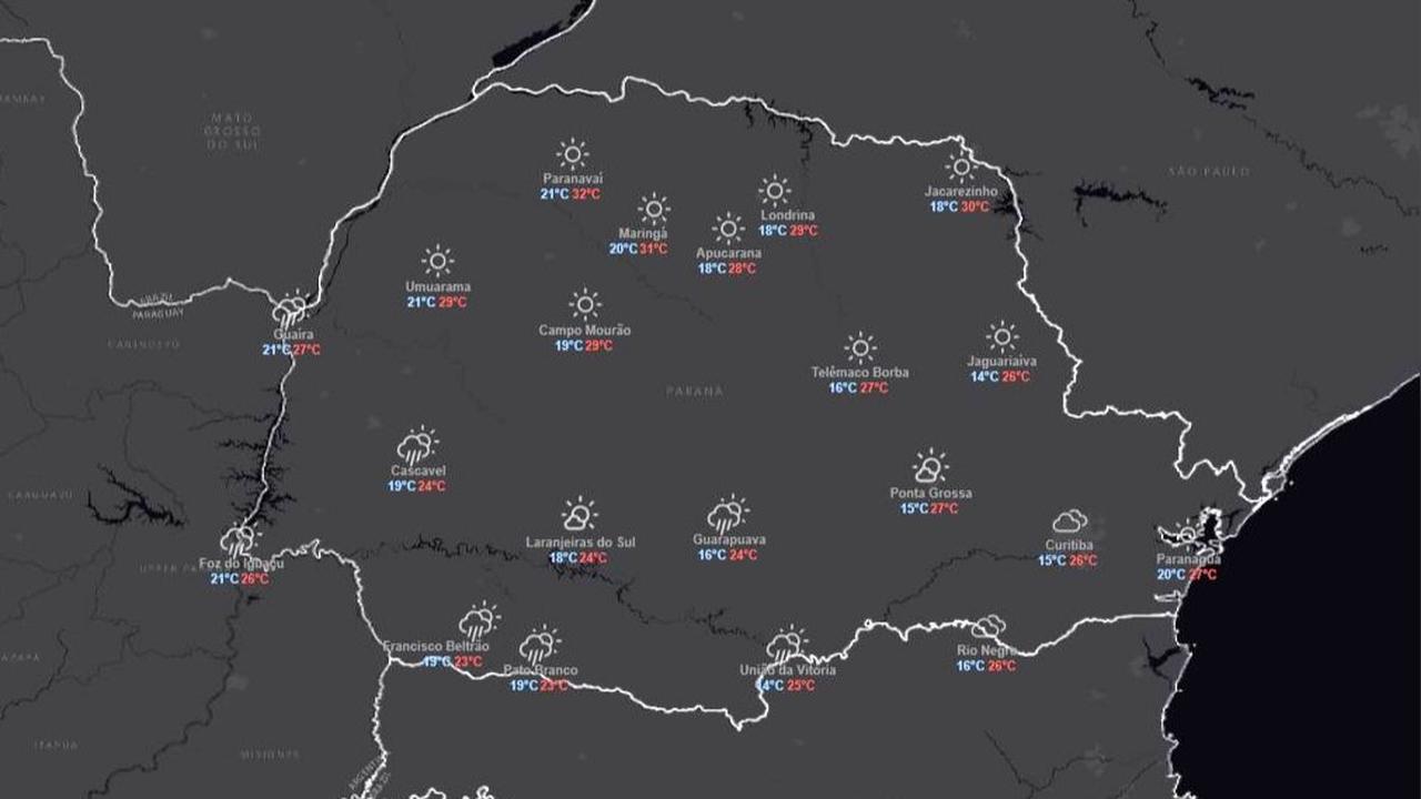 Tempo firme marca esta quinta-feira no Paraná, com calor à tarde em Cascavel