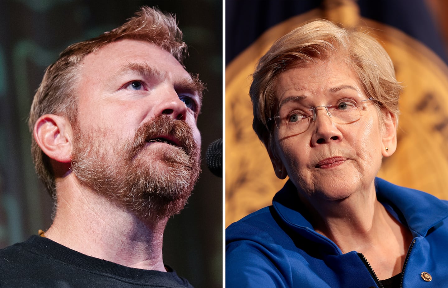 Composite image of Graham Platner and Elizabeth Warren.