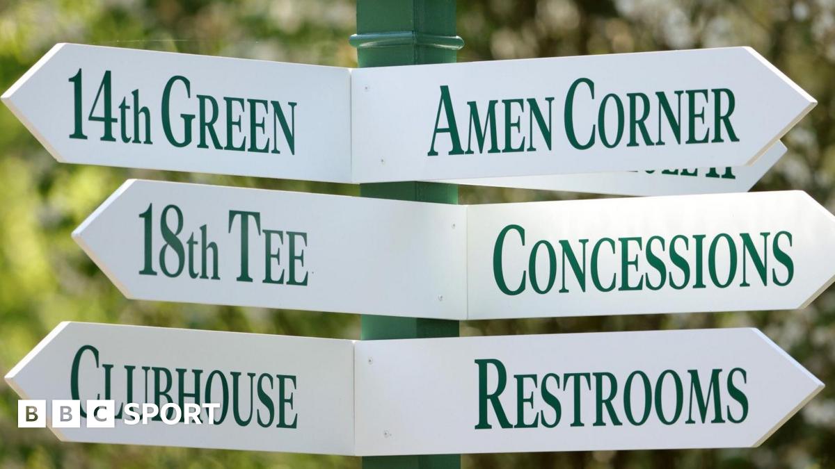A sign at Augusta National Golf Club showing directions to Amen Corner, the 18th tee, concessions, the clubhouse and restrooms