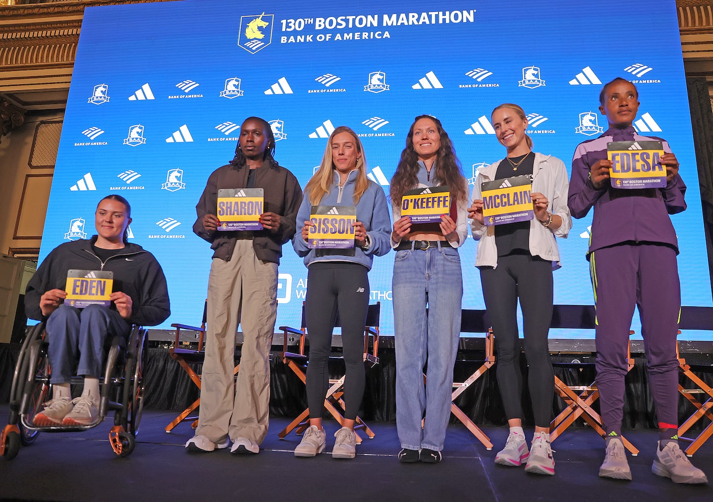 Boston Marathon pro/elite women's runners who attended a press conference on Friday at the Fairmont Copley Plaza Hotel (from left) Eden Rainbow-Cooper, Sharon Lokedi, Emily Sisson, Fiona O’Keeffe, Jess McClain, and Workenesh Edesa.