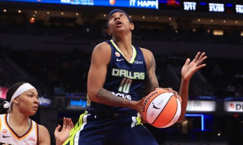 Aziaha James (10) of the Dallas Wings goes up for a shot against the Indiana Fever.