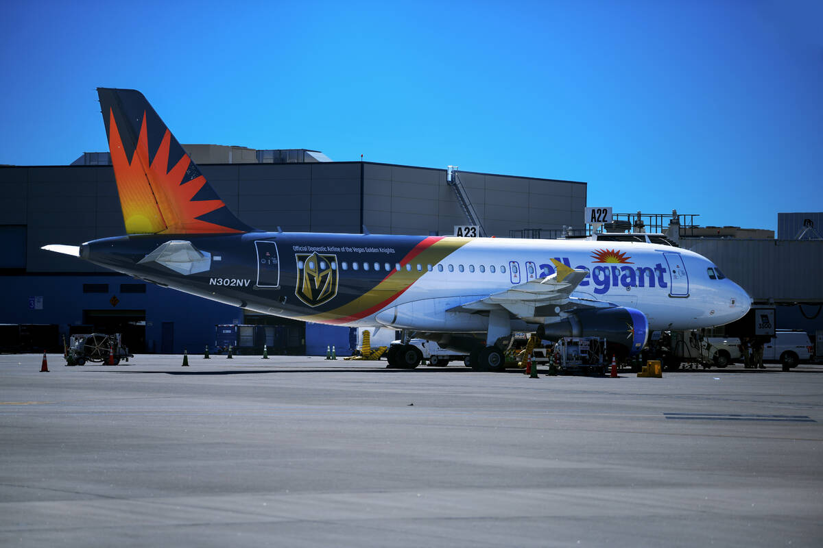 An Allegiant Air jet, in Vegas Golden Knights livery, is seen at Harry Reid International Airpo ...