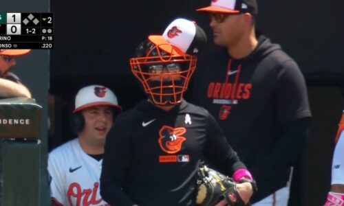 Craig Albernaz, Orioles manager, wears catcher's mask, glove in dugout