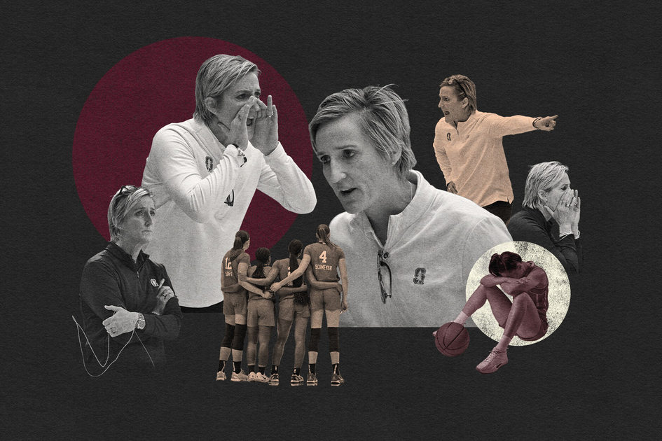 A women's basketball team huddles while a coach displays various emotions, including focus, encouragement, and distress; a player sits alone, head down.