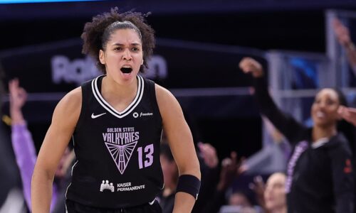 Sep 2, 2025; San Francisco, California, USA; Golden State Valkyries forward Janelle Salaun (13) celebrates after a basket against the New York Liberty during the third quarter at Chase Center. Mandatory Credit: Kelley L Cox-Imagn Images