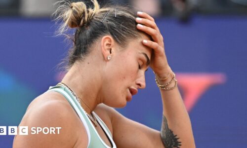 Aryna Sabalenka reacts to a missed point during her loss to Sorana Cirstea at the Italian Open