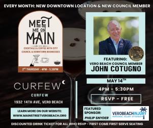 Meet on Main event in Vero Beach featuring Judge John Cotugno, injury attorneys Philip Snyder and Marc Lyons, and community members networking and discussing local updates.