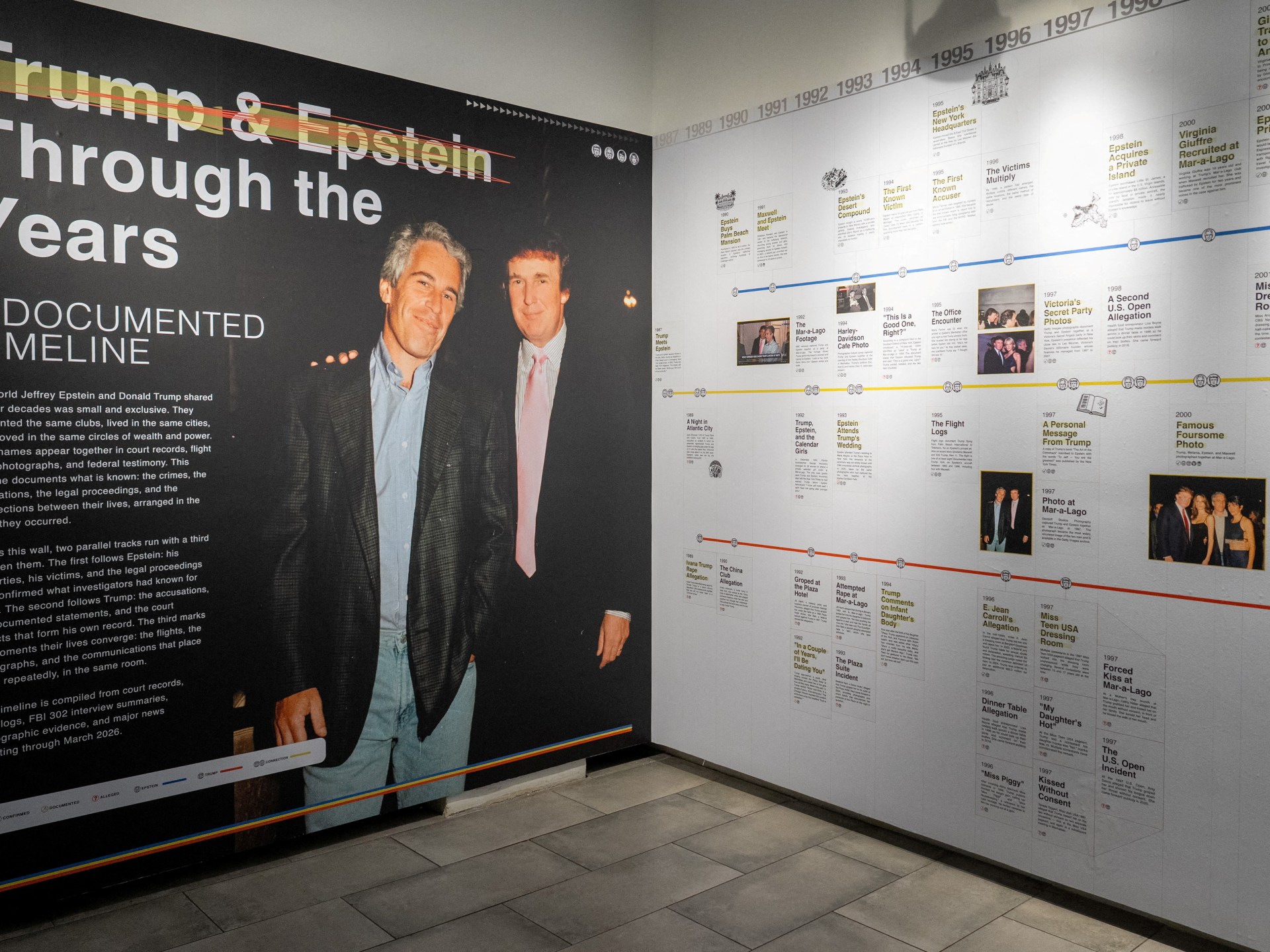 NYC exhibit displays millions of Epstein files to spotlight US corruption | Donald Trump
