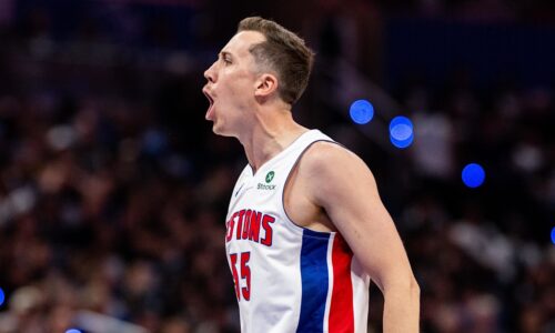 May 1, 2026; Orlando, Florida, USA; Detroit Pistons forward Duncan Robinson (55) celebrates his three pointer agains the Orlando Magic in the fourth quarter during game six of the first round of the 2026 NBA Playoffs at Kia Center. Mandatory Credit: Jeremy Reper-Imagn Images