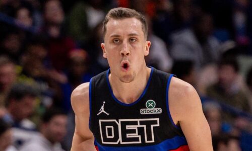 Detroit Pistons forward Duncan Robinson (55) reacts  (Mandatory Credit: Stephen Lew-Imagn Images)